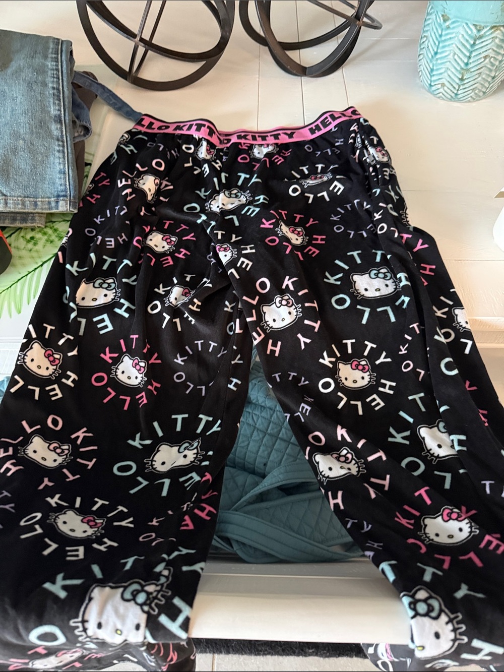 Hello Kitty Black Pajama Pants with Pink and Light Blue Accents
